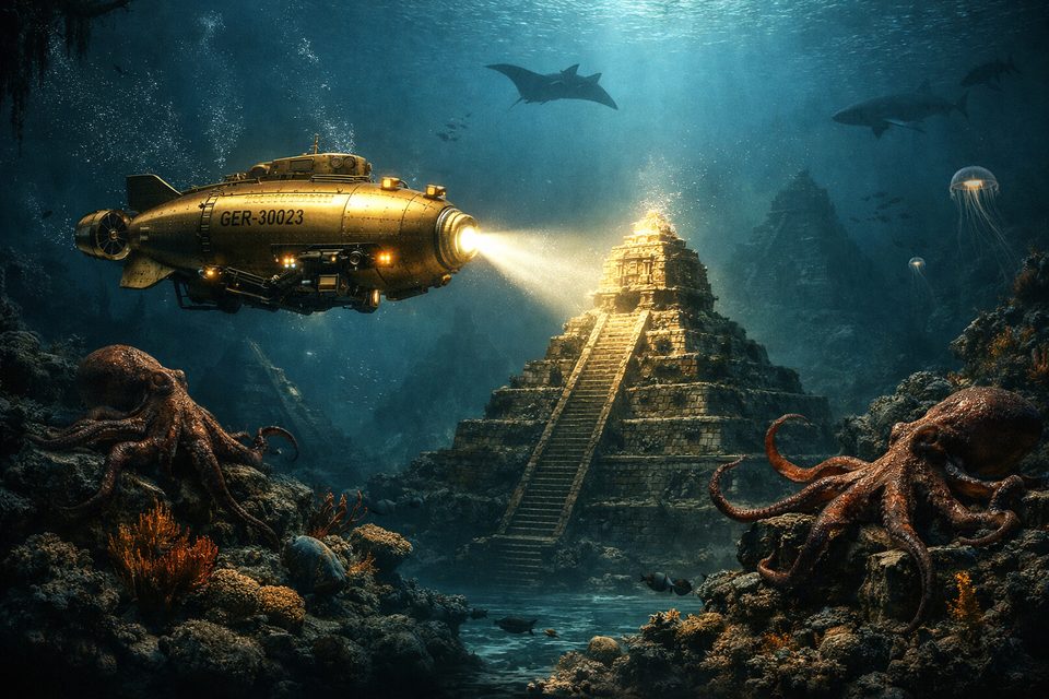 Underwater cyberpunk postcard artwork