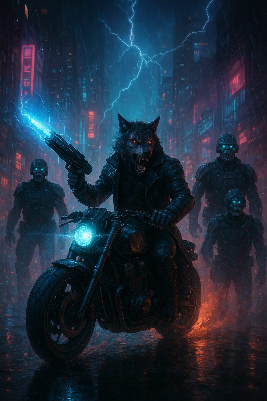 Cyberpunk wolf rider artwork from Free The Postcards