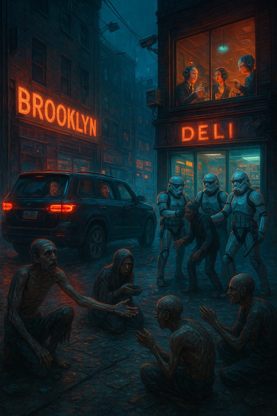 Cyberpunk street scene with neon storefront